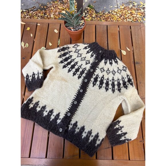 70s Cardigan Sweater Wool Mohair Ivory Brown Nordic Islandic 1970s Fair Isle - Picture 1 of 16